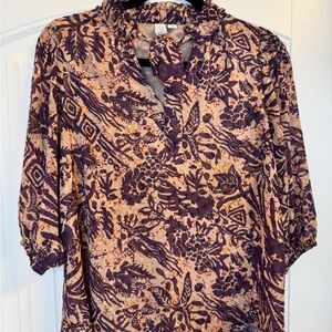 Joie Plum and Peach Toe Neck Floral Blouse with 3/4 Sleeves